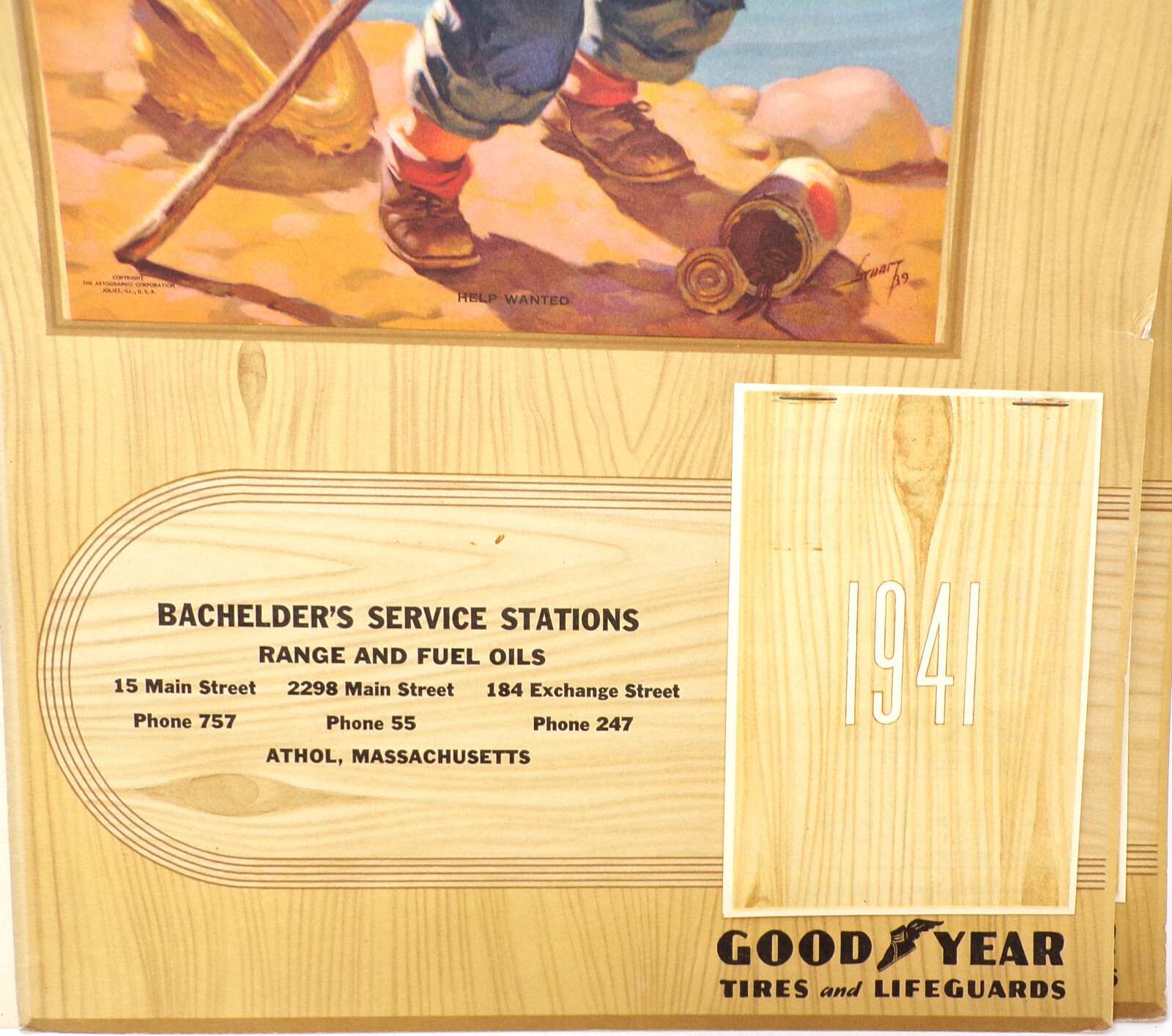 Bachelder Oil Gas Calendar 1941 Goodyear Tires Athol Massachusetts Boy Fishing