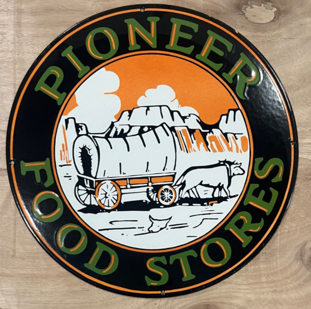 Vintage Pioneer Food Stores Gas & Oil Porcelain Enamel Sign 18×18″ SSP.