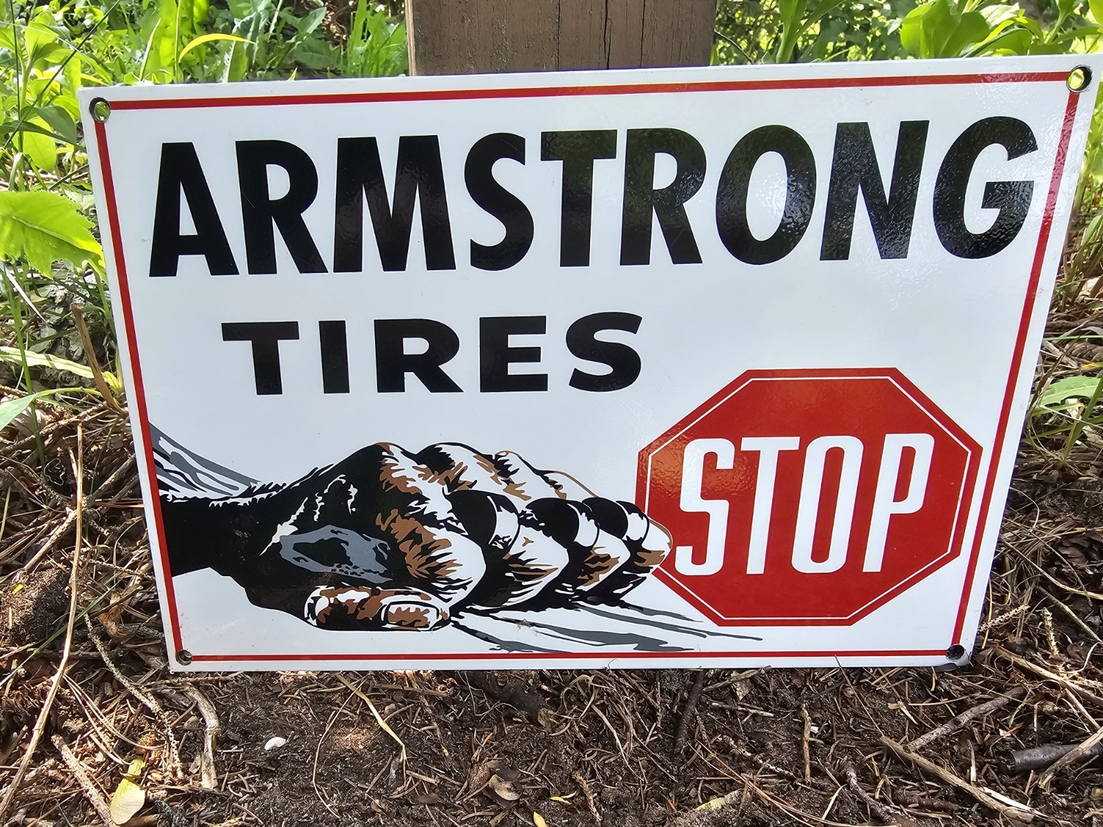 1960’S VINTAGE ARMSTRONG TIRES PORCELAIN DEALERSHIP SIGN 12″ X 8″