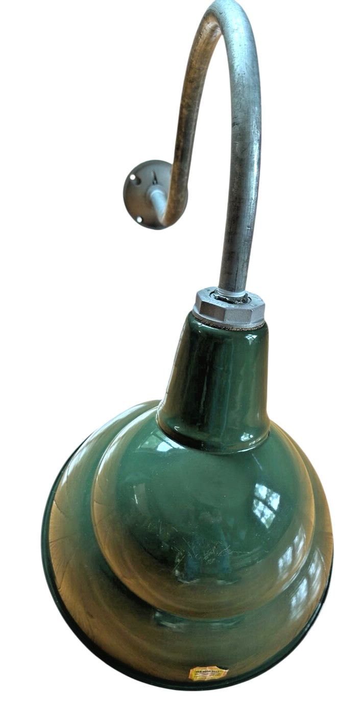 BIG Benjamin 12″ Gooseneck Sign Light 1930’s Green Porcelain Industrial Vintage