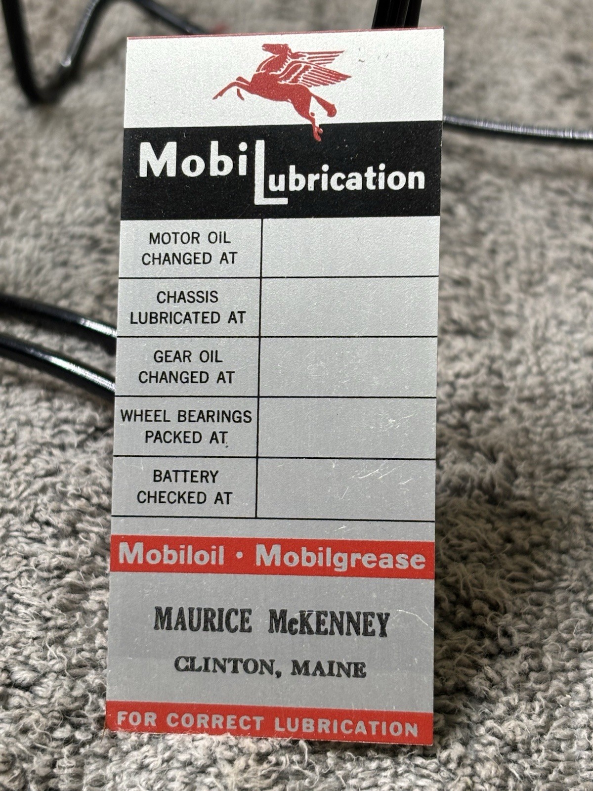 Antique Oil Service Reminder Tag Sign Mobil Lubrication Pegasus Clinton Maine