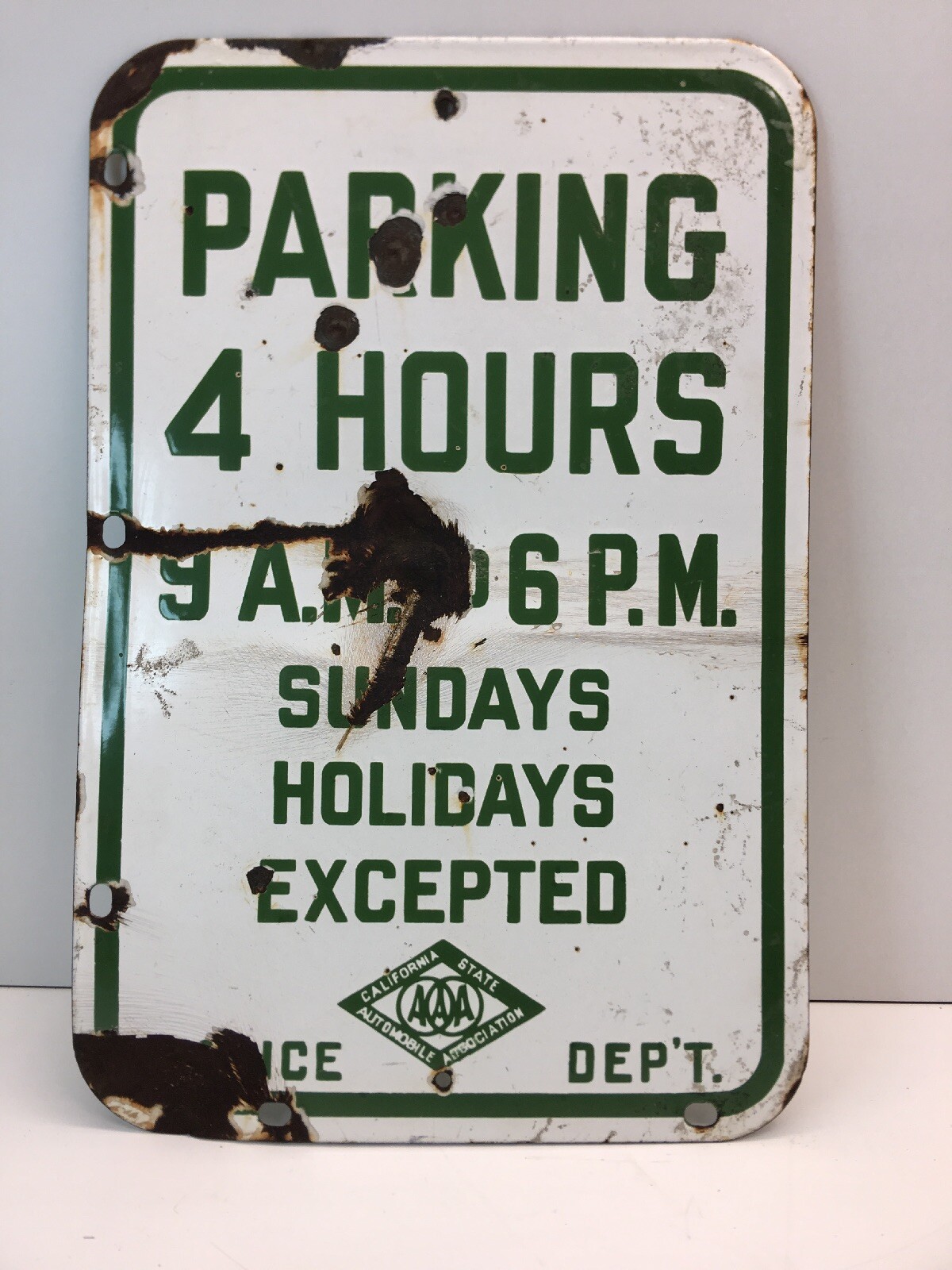 VINTAGE PORCELAIN 2-SIDED AAA 4HR PARKING STREET SIGN POLICE DEPT. 12” X 18”