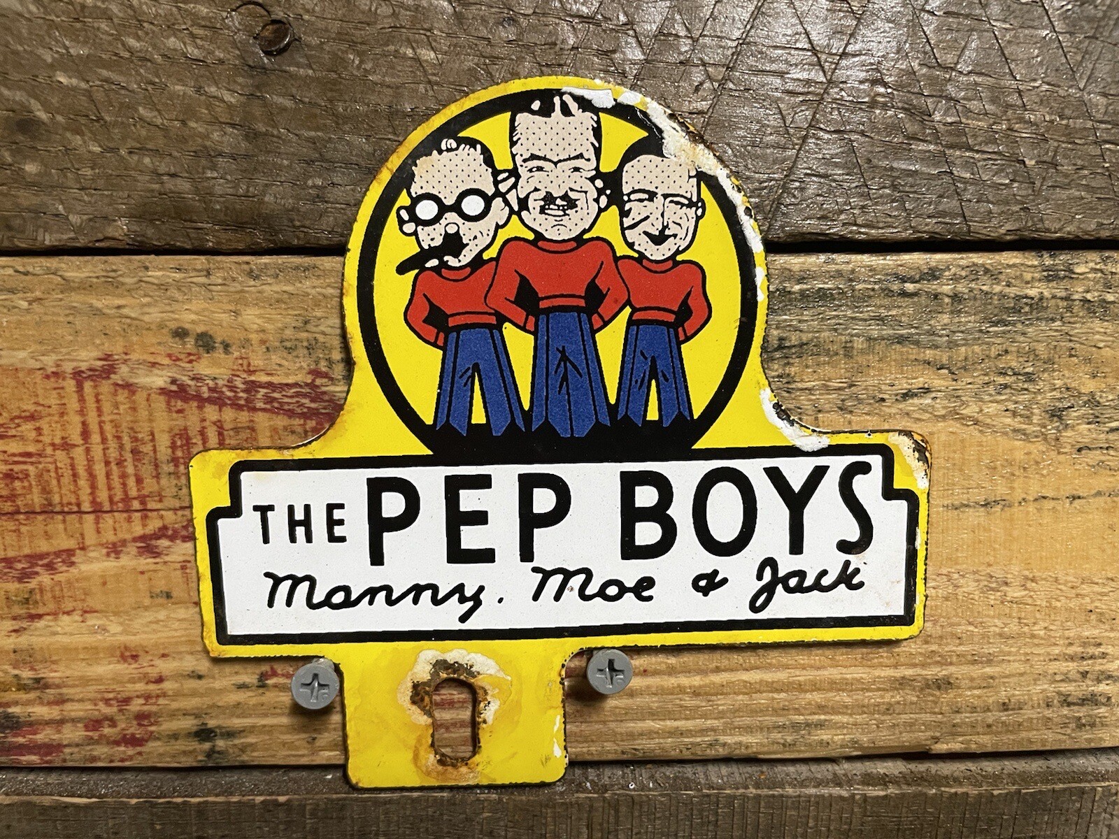 VINTAGE PEP BOYS PORCELAIN SIGN AUTOMOBILE PARTS STORE GARAGE TOPPER GAS & OIL