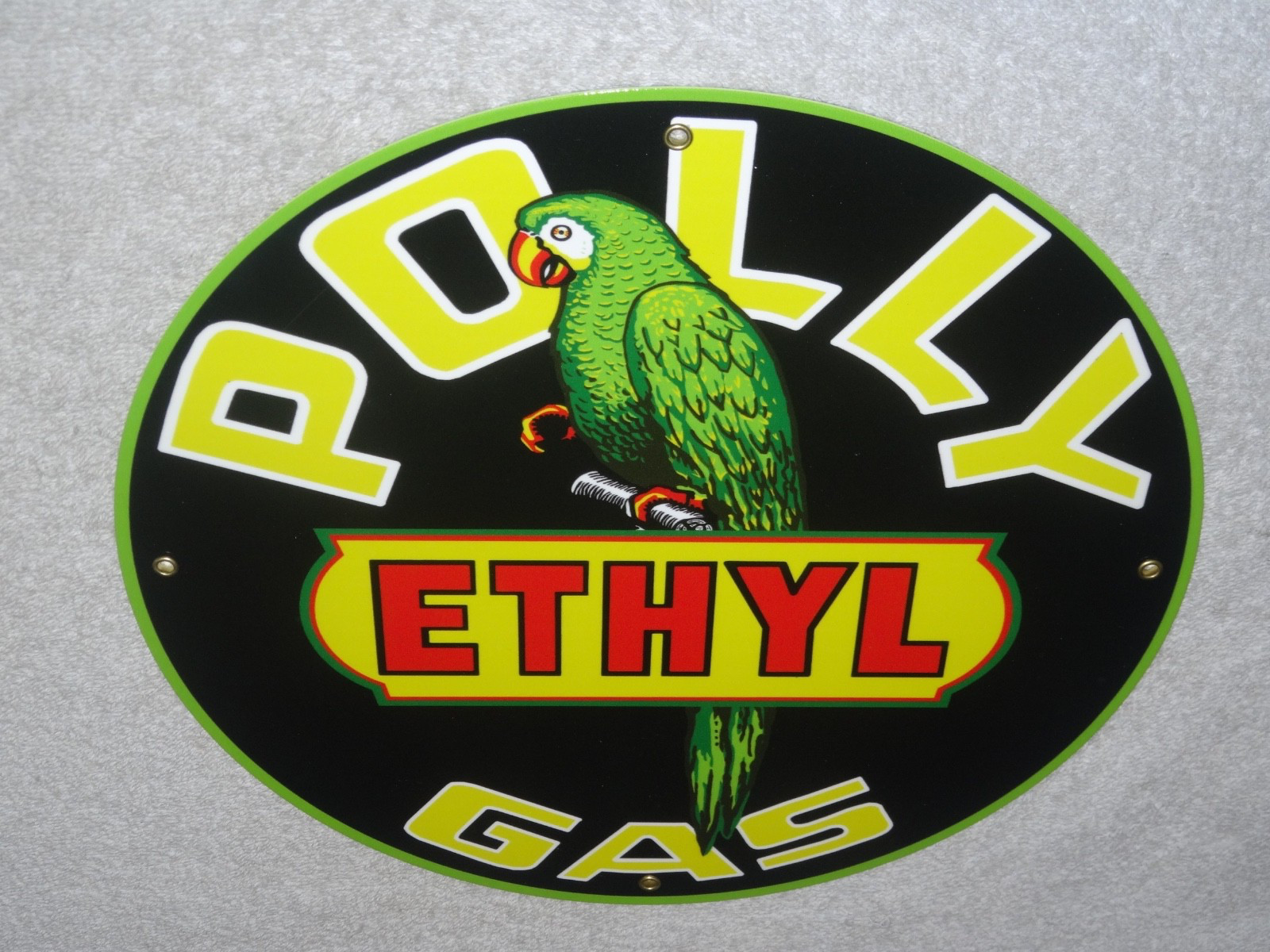 VINTAGE POLLY ETHYL GAS 🦜 PARROT BIRD OIL 11 3/4″ PORCELAIN METAL GASOLINE SIGN