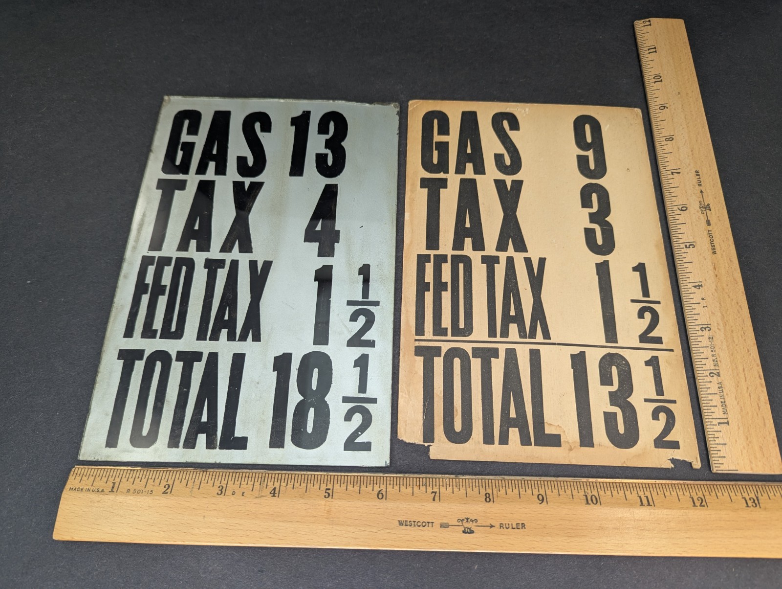 2 Antique Gas Price Signs c.1930’s Silver Glass 13 Cents Paper 9¢ Tax Fed Total