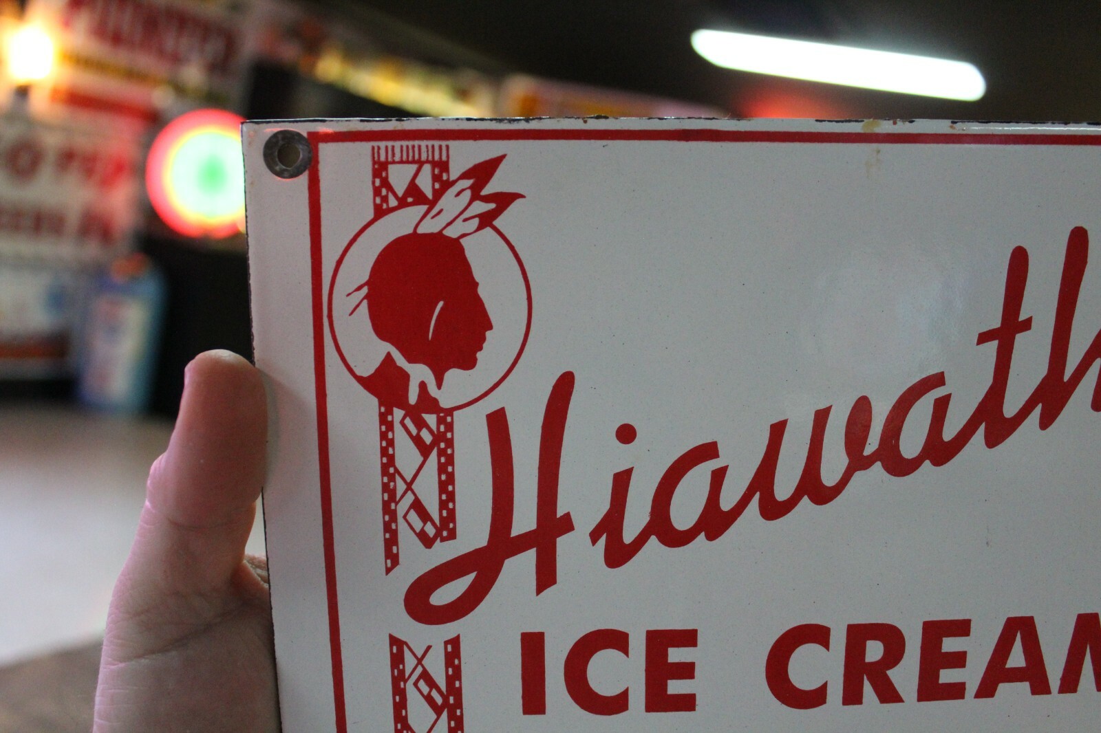 HIAWATHA INDIAN ICE CREAM DEALER COW MILK PORCELAIN METAL SIGN GAS OIL FARM