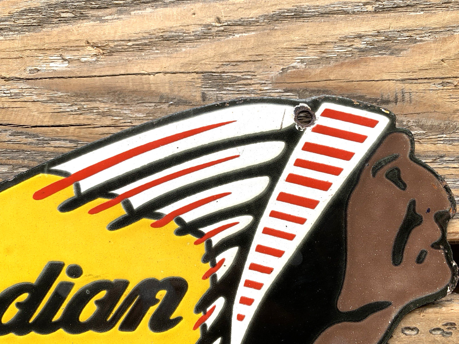 VINTAGE 12×4.5″ INDIAN MOTORCYCLE SALES & SERVICE GASOLINE PORCELAIN OIL SIGN
