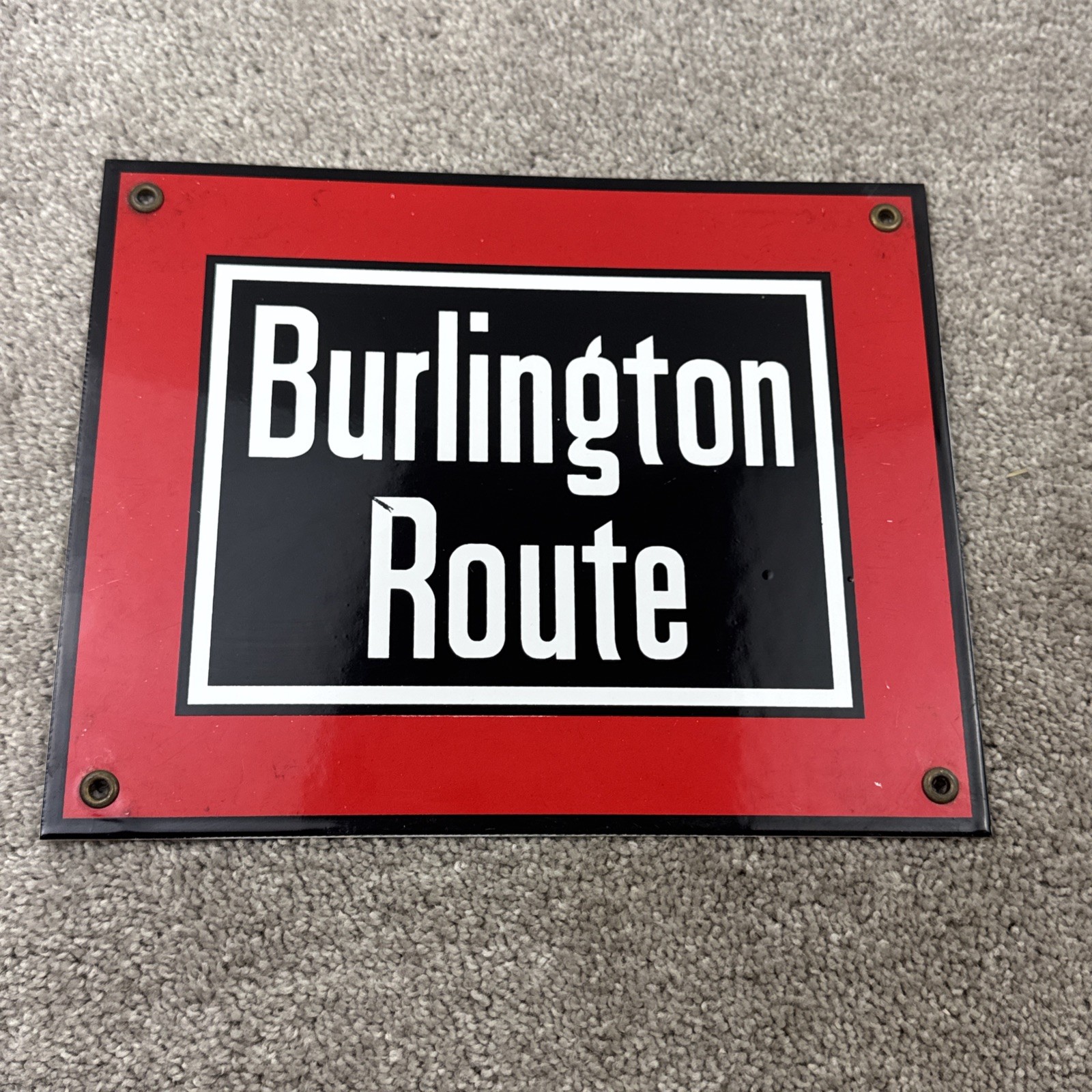 Vintage BURLINGTON ROUTE Porcelain TRAIN SIGN Metal Railroad RAIL Railway Engine