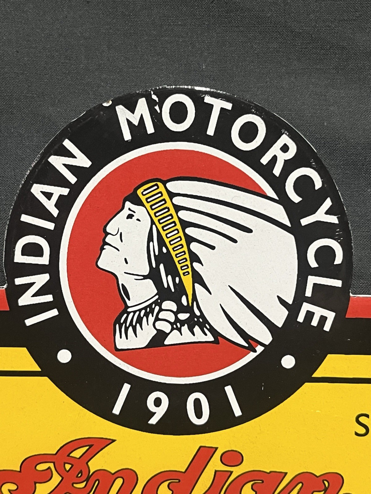 INDIAN MOTORCYCLE PORCELAIN ENAMEL PUSH PLATE SALES & SERVICE DEALER SIGN 6”x10”