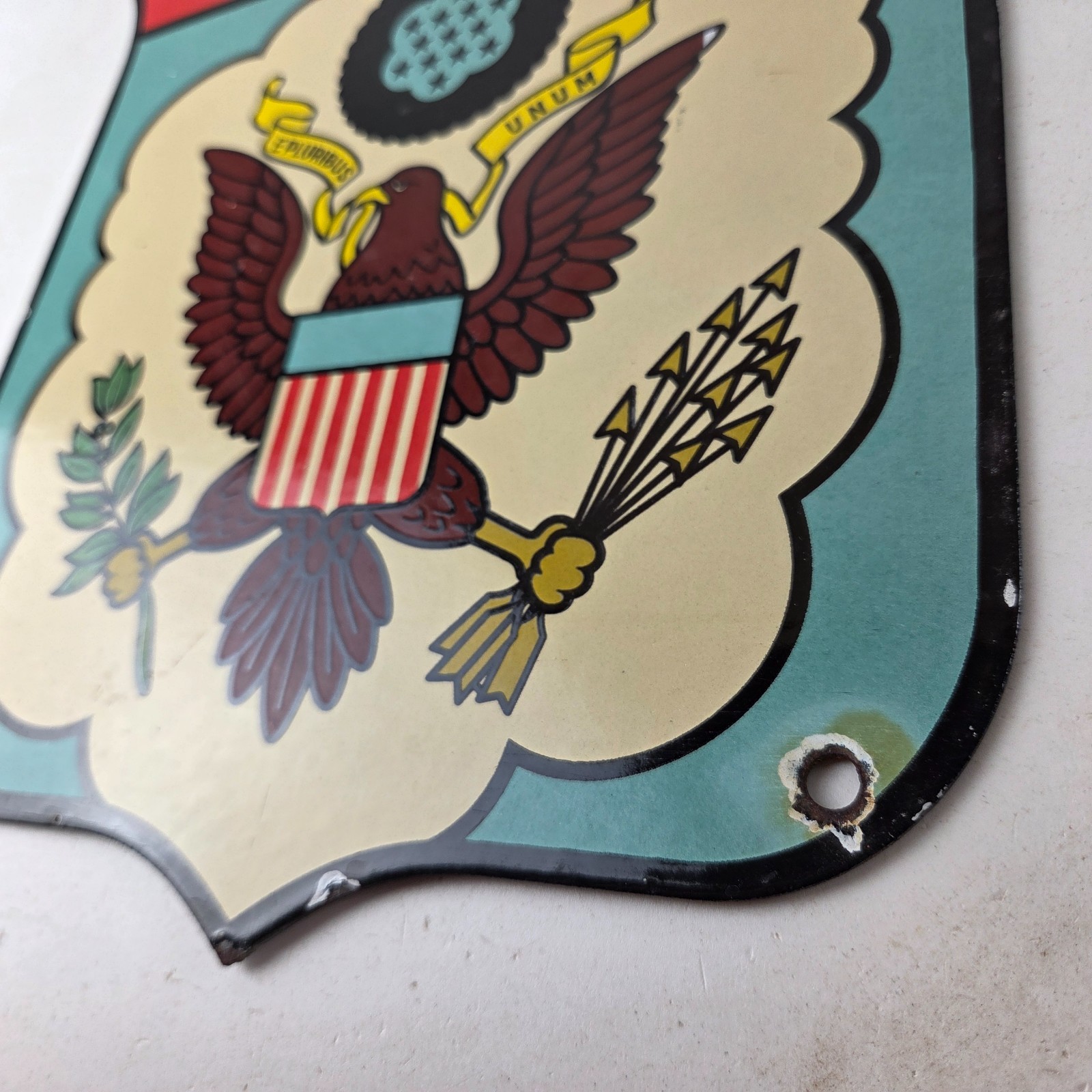 Vintage US Army Sign – Gas Pump American Shield Porcelain Sign