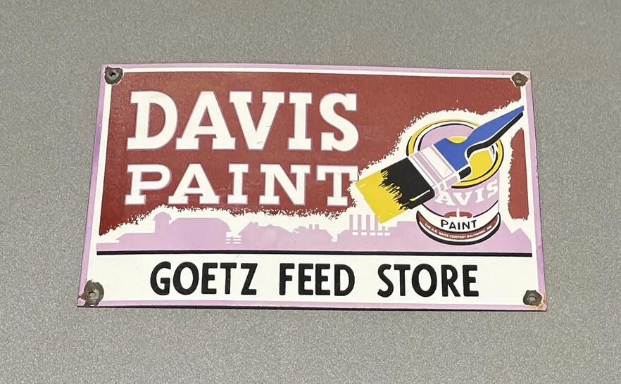 VINTAGE 16” RARE DAVIS PAINT GOETZ PORCELAIN SIGN CAR GAS TRUCK MOTORCYCLE