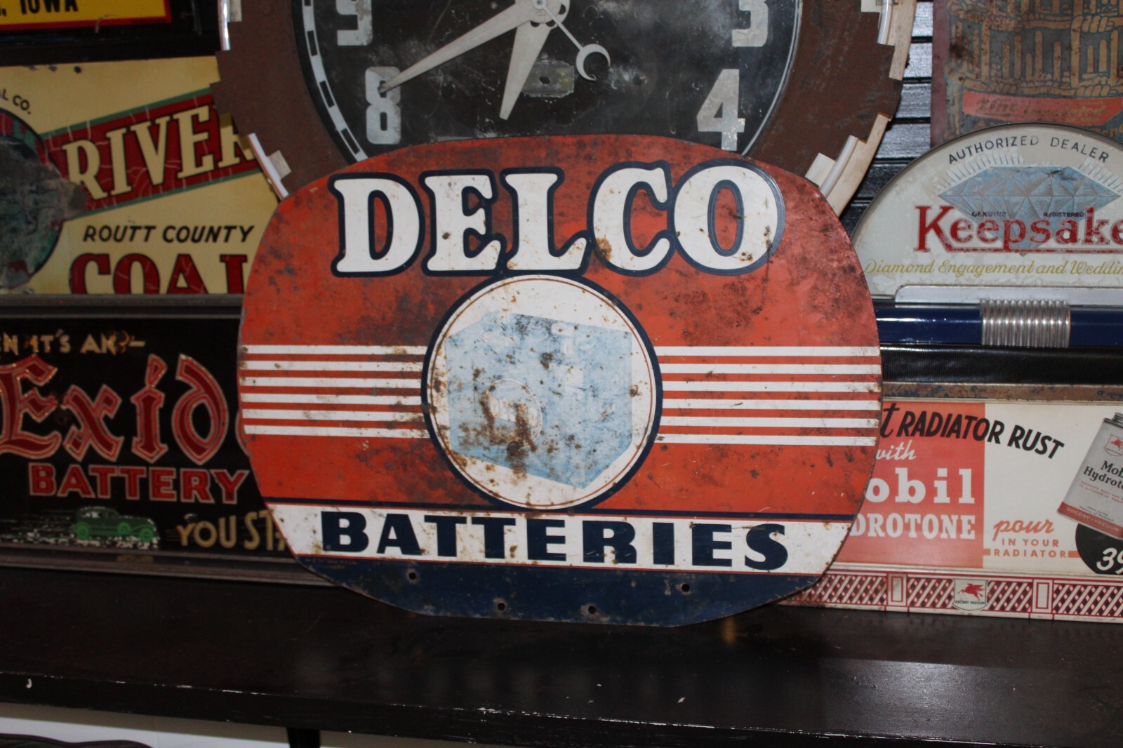 SCARCE 1954 DELCO BATTERIES 2-SIDED PAINTED METAL DEALER SIGN GMC CHEVY GAS OIL