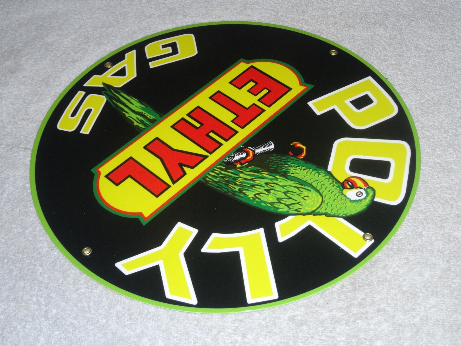 VINTAGE POLLY ETHYL GAS 🦜 PARROT BIRD OIL 11 3/4″ PORCELAIN METAL GASOLINE SIGN