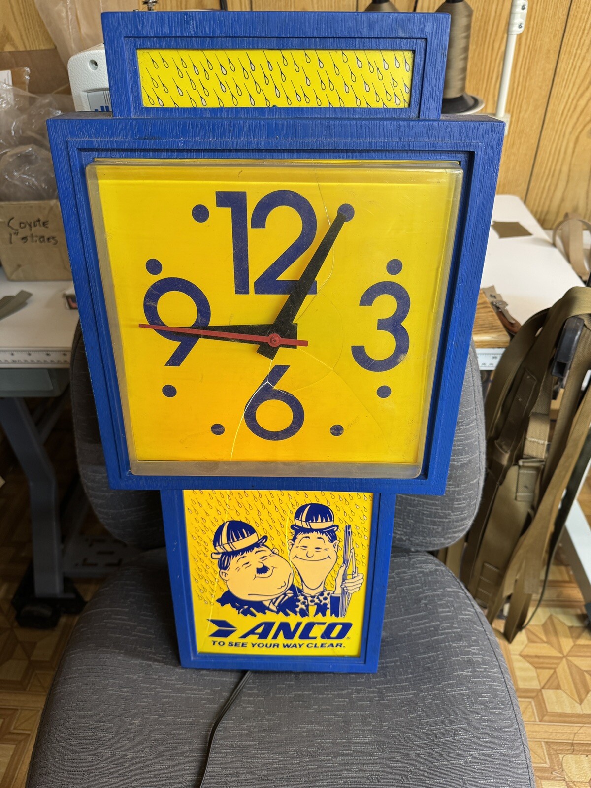 Vintage 1985 Laurel & Hardy ANCO Wipers Lighted Clock Sign 24″ x 12″
