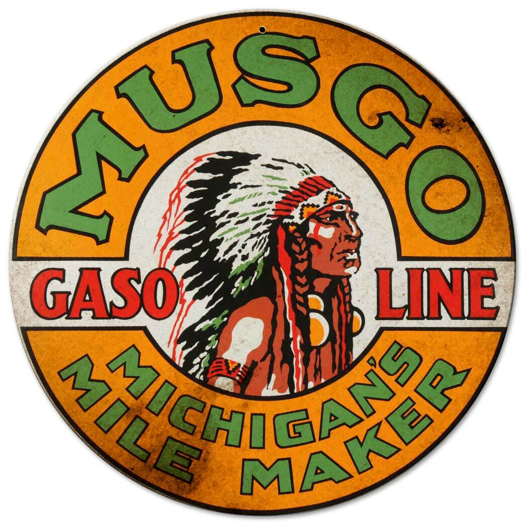 MUSGO GASOLINE INDIAN CHIEF 14″ ROUND HEAVY DUTY USA MADE METAL ADVERTISING SIGN