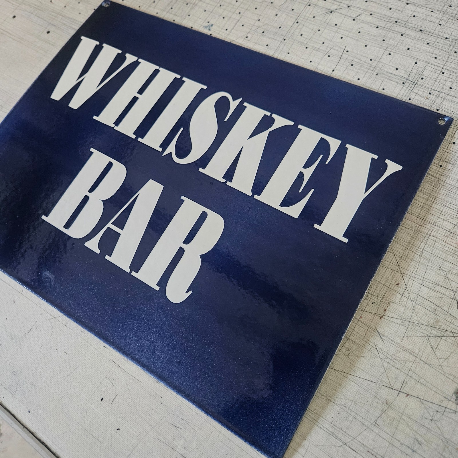 ORIGINAL PORCELAIN COBALT BLUE WHISKEY BAR GARAGE MAN CAVE DECOR 12.5″x16″ SIGN
