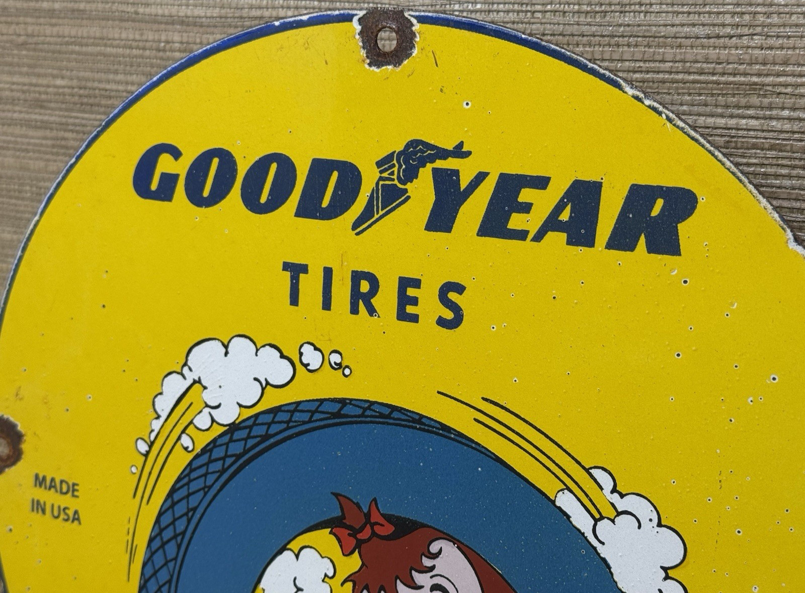 VINTAGE GOODRICH SILVERTOWN TIRES PORCELAIN SIGN GAS OIL DISNEY MICKEY FIRESTONE