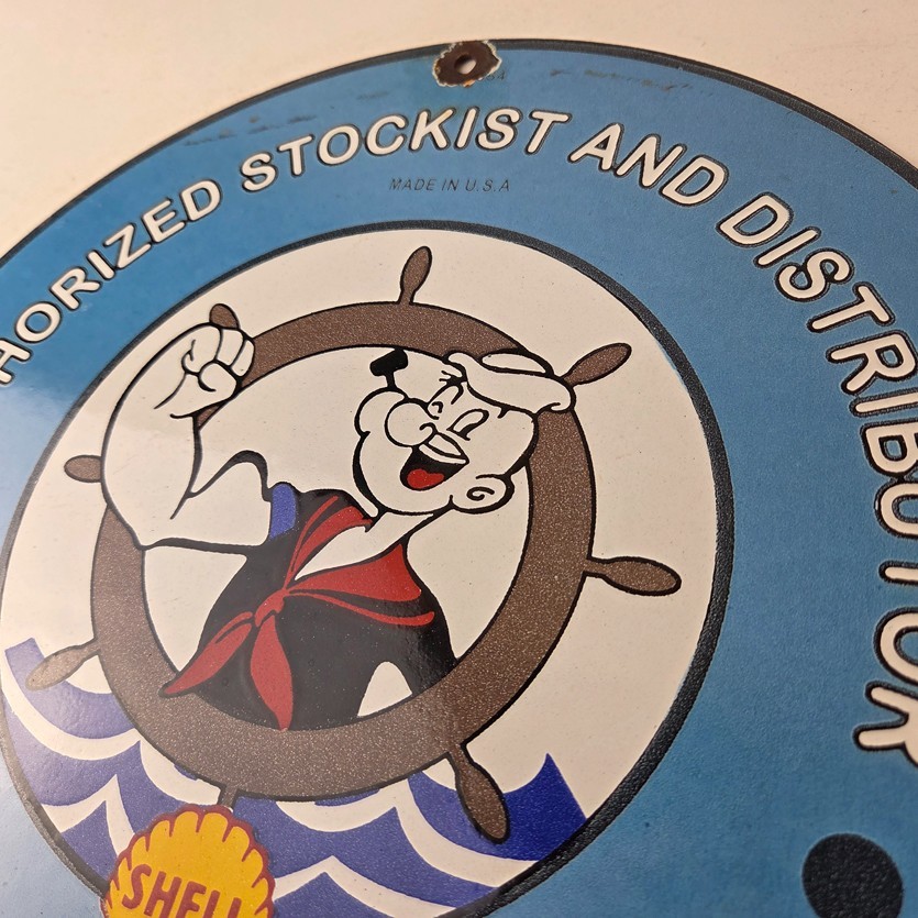 Vintage Shell Gasoline Sign – Popeye Sailor Gas Oil Service Pump Porcelain Sign