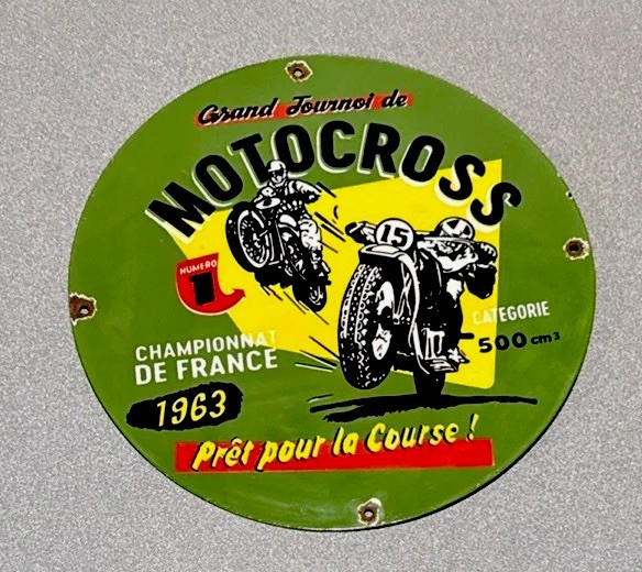 VINTAGE 12” 1963 MOTORCROSS FRANCE PORCELAIN SIGN CAR GAS TRUCK OIL MOTORCYCLE