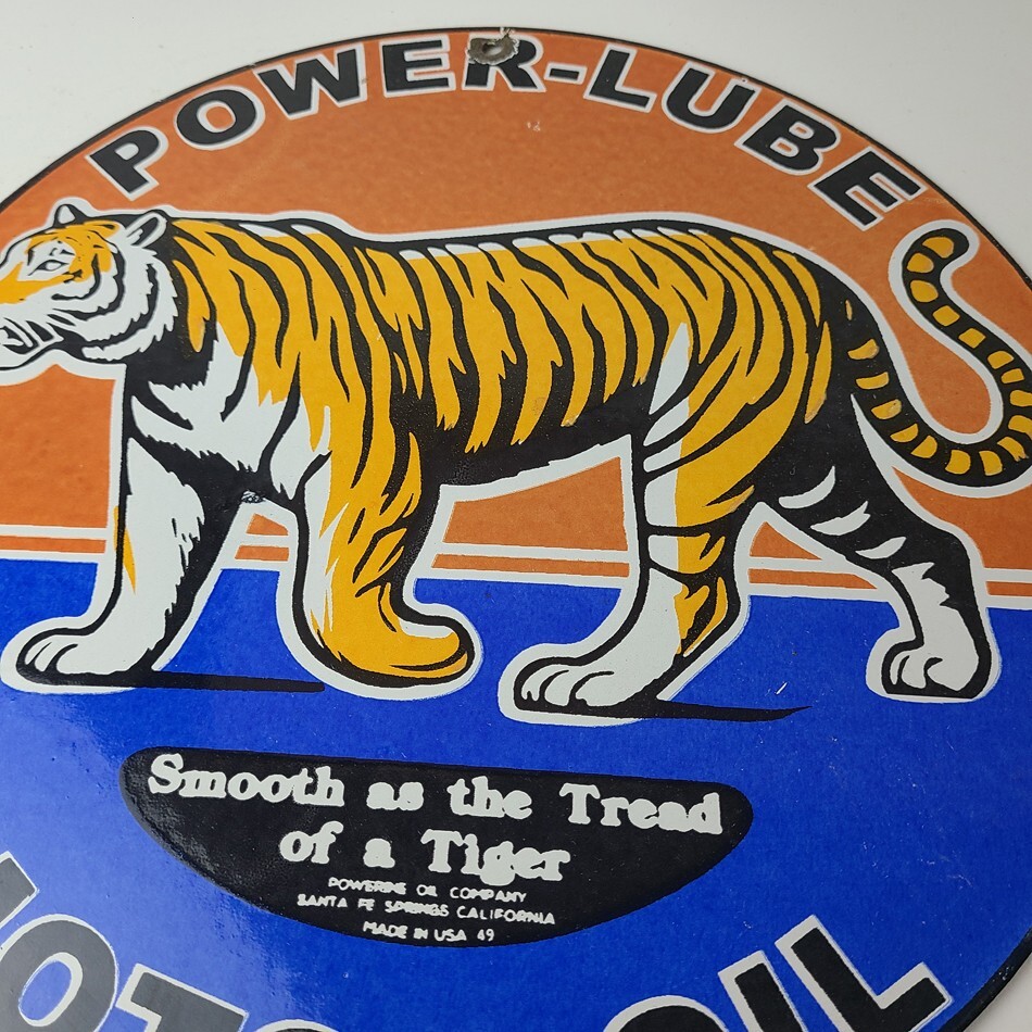 Vintage Power Lube Gasoline Sign – Tiger Motor Oil Gas Pump Ad Porcelain Sign