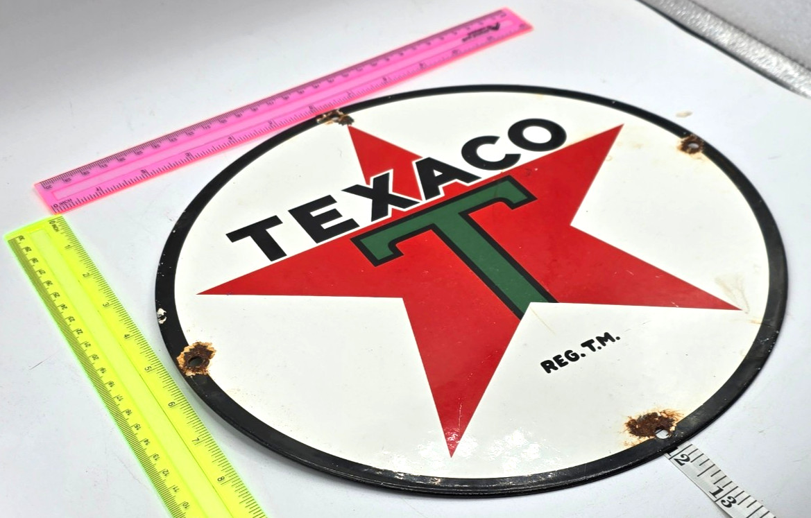VINTAGE GENUINE TEXACO PORCELAIN SIGN PUMP PLATE GAS STATION OIL 12″ x 12″