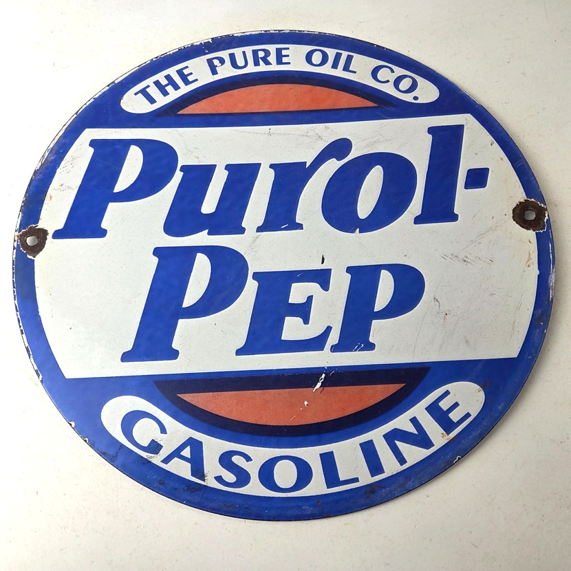 VINTAGE PURE OIL CO PORCELAIN PUROL PEP GASOLINE SERVICE STATION PUMP PLATE SIGN