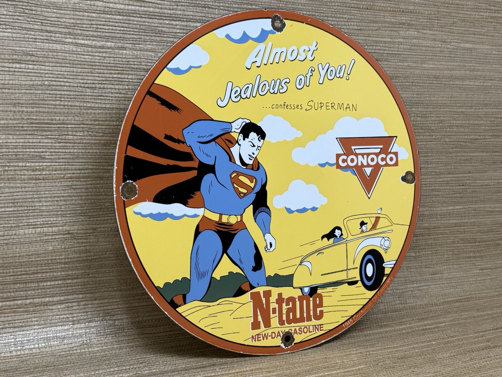 VINTAGE SUPERMAN N TANE CONOCO GASOLINE PORCELAIN SIGN 12″ METAL COMIC GAS OIL
