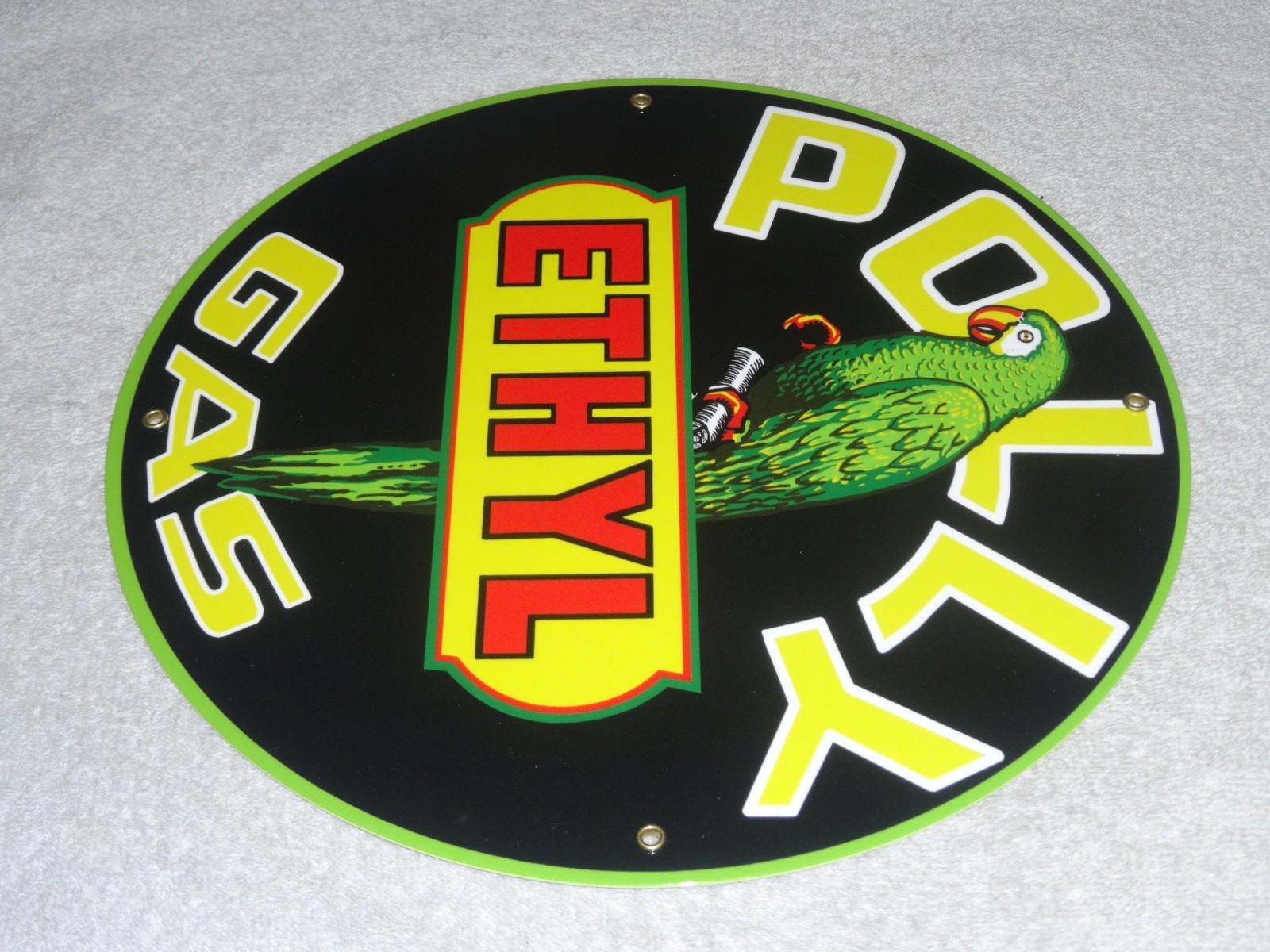 VINTAGE POLLY ETHYL GAS 🦜 PARROT BIRD OIL 11 3/4″ PORCELAIN METAL GASOLINE SIGN