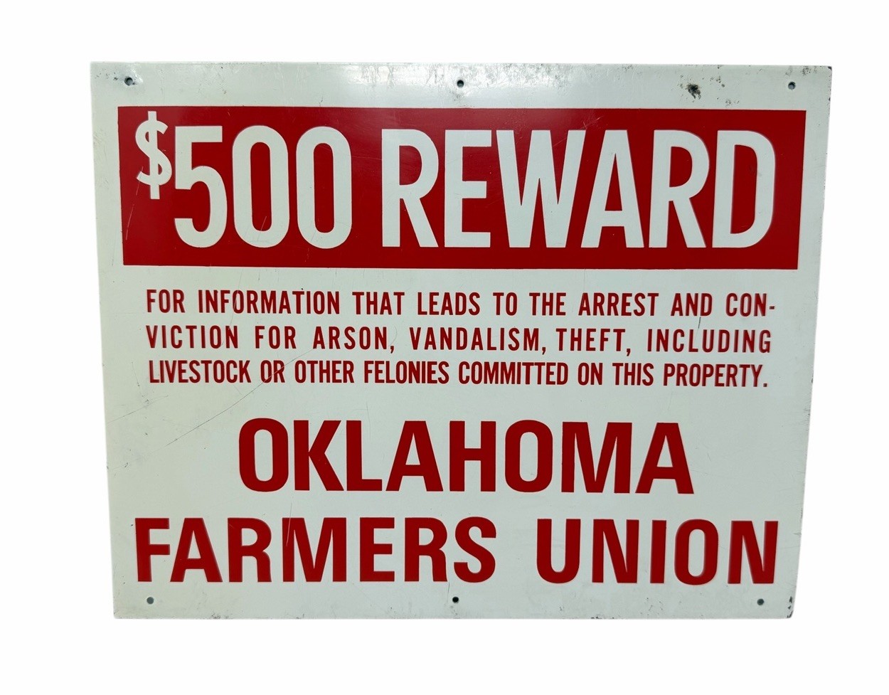 Vintage Oklahoma Farmers Union $500 Reward Metal Sign 14″ x 11″