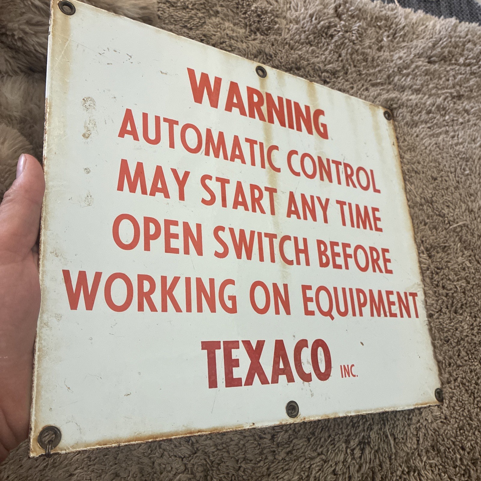 Original Gas & Oil Porcelain Sign Texaco Warning Automatic Control Sign