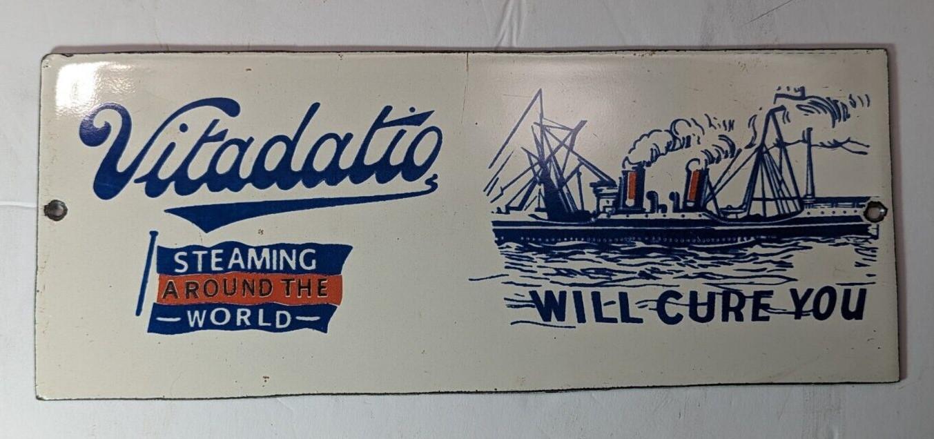 STEAM SHIP PORCELAIN SIGN VITADATIO BOAT ENGINES OIL LUBE GAS STATION