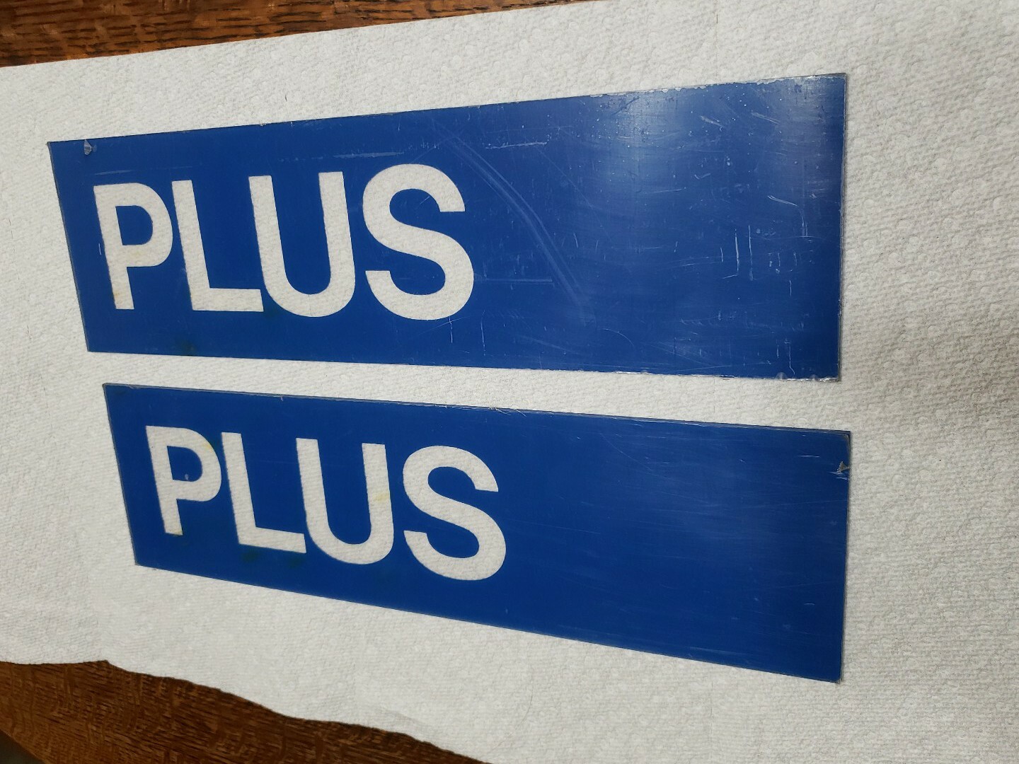 GULF Gas Station 12 x 3.5″ Blue on Clear Plexiglass Price Sign “PLUS” 1980s