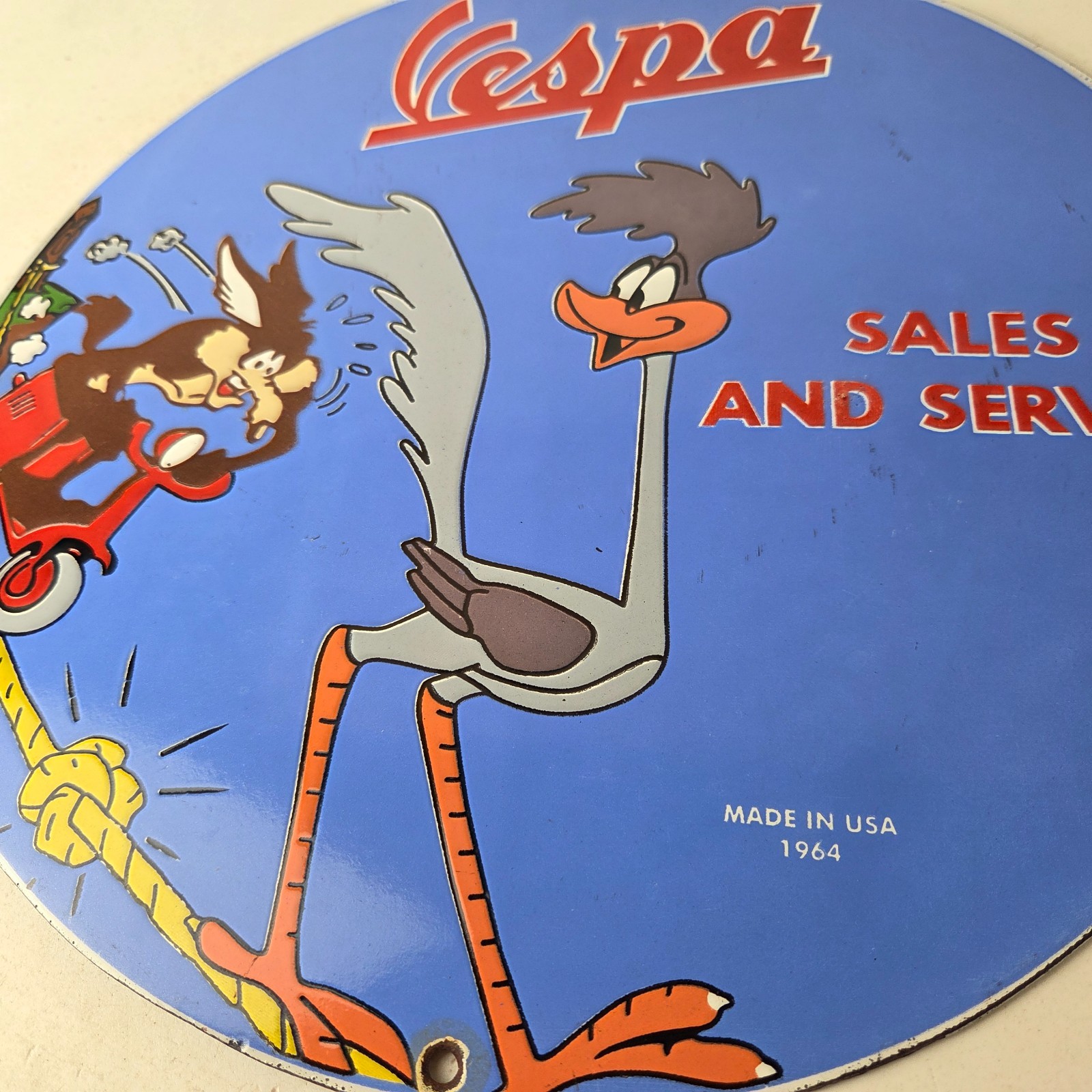 Vintage Vespa Sign – Road Runner Bike Gas Pump Service Station Porcelain Sign