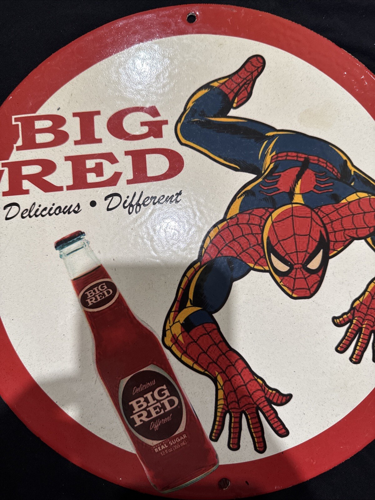 VINTAGE BIG RED SODA PORCELAIN SPIDER MAN GAS OIL BEVERAGE DRINK GARAGE AD SIGN