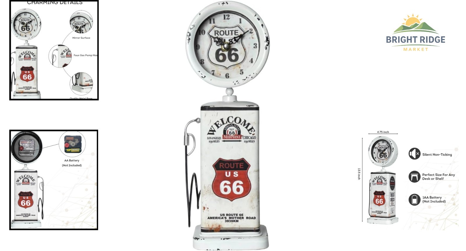 Retro Gas Pump Clock for Tabletop Display in White, 13.5 inches Tall