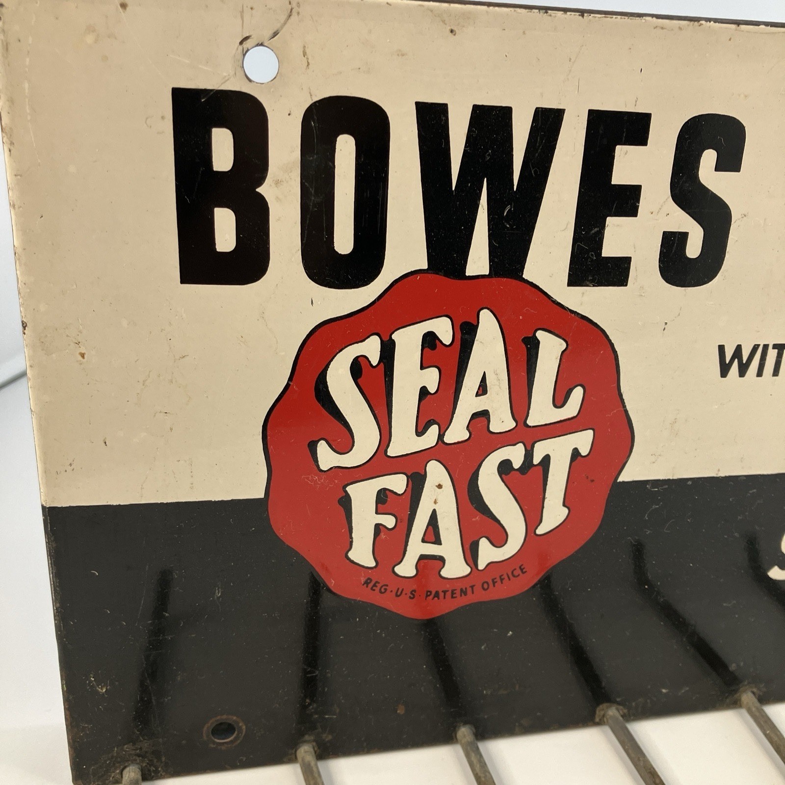 Vintage Bowes Seal Fast Battery Cables Advertising Sign Display Rack with Hooks