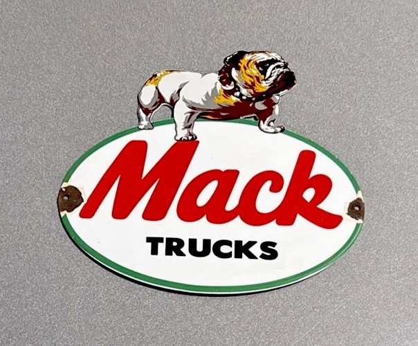 VINTAGE 13” MACK TRUCK BULL DOG PORCELAIN SIGN CAR OIL GAS MOTORCYCLE
