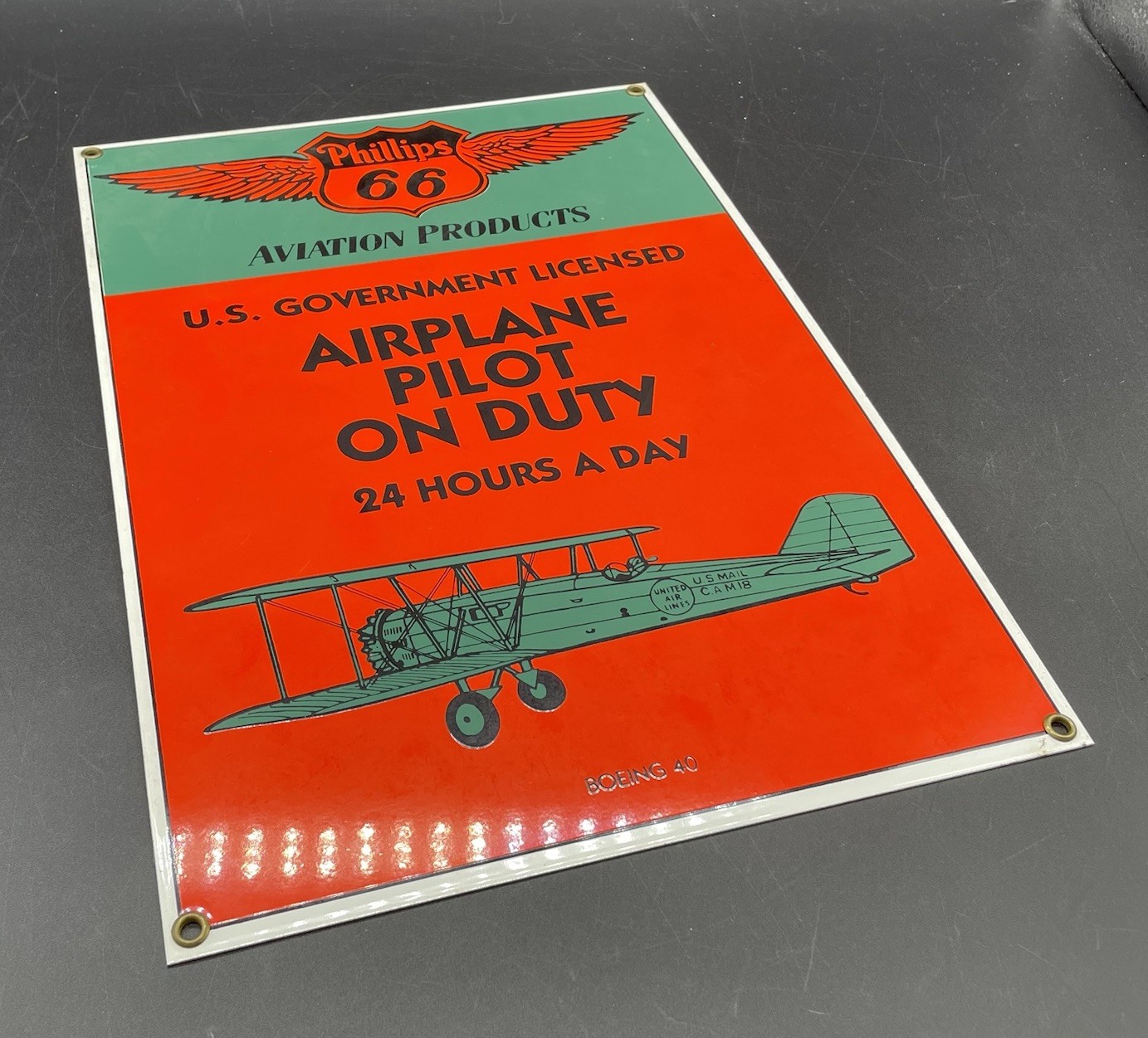VTG 90s Phillips 66 Aviation Airplane Pilot On Duty Porcelain Metal Sign Ande