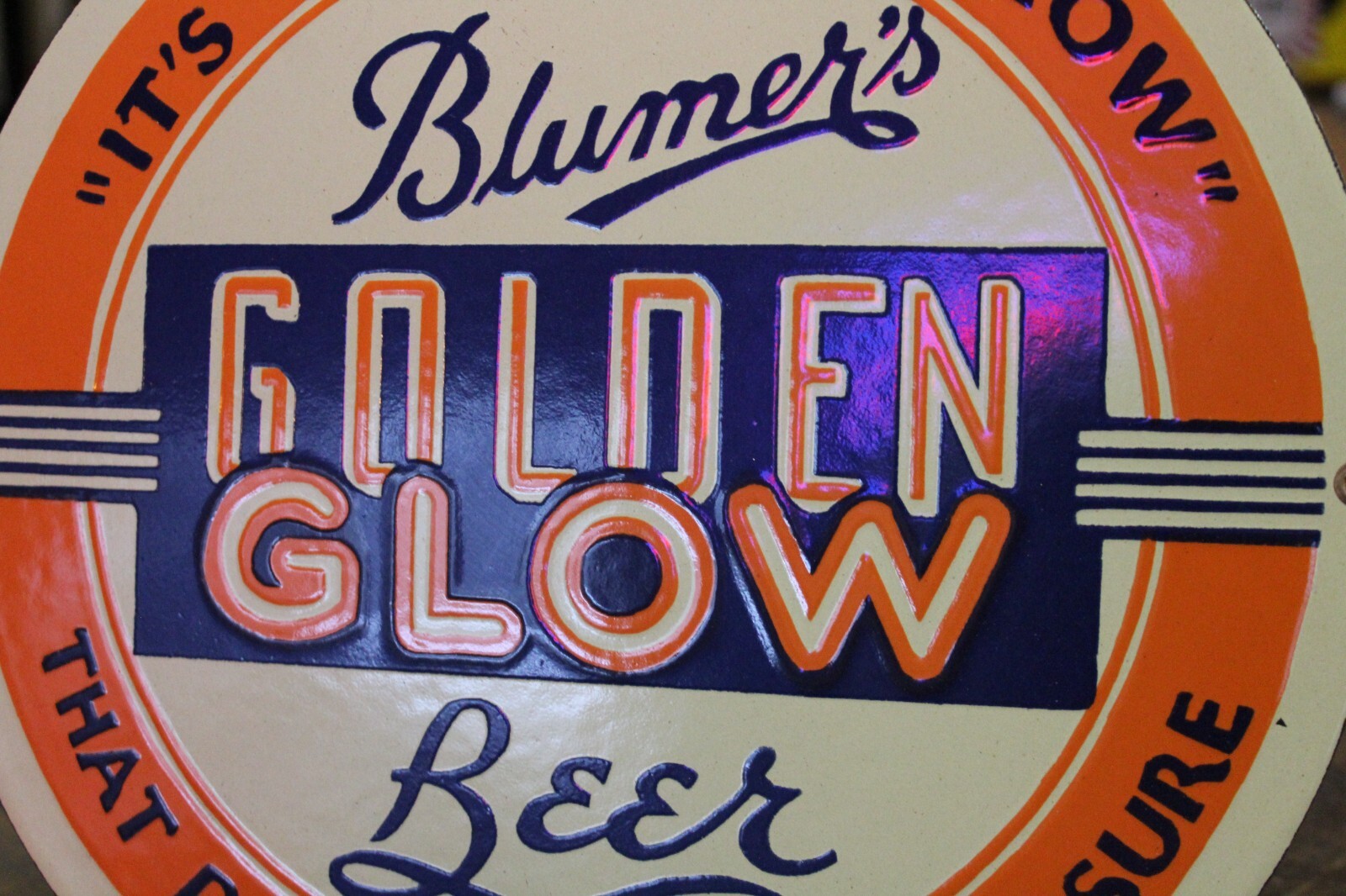 RARE BLUMER’S GOLDEN GLOW MONROE WISCONSIN BEER DEALER PORCELAIN METAL SIGN