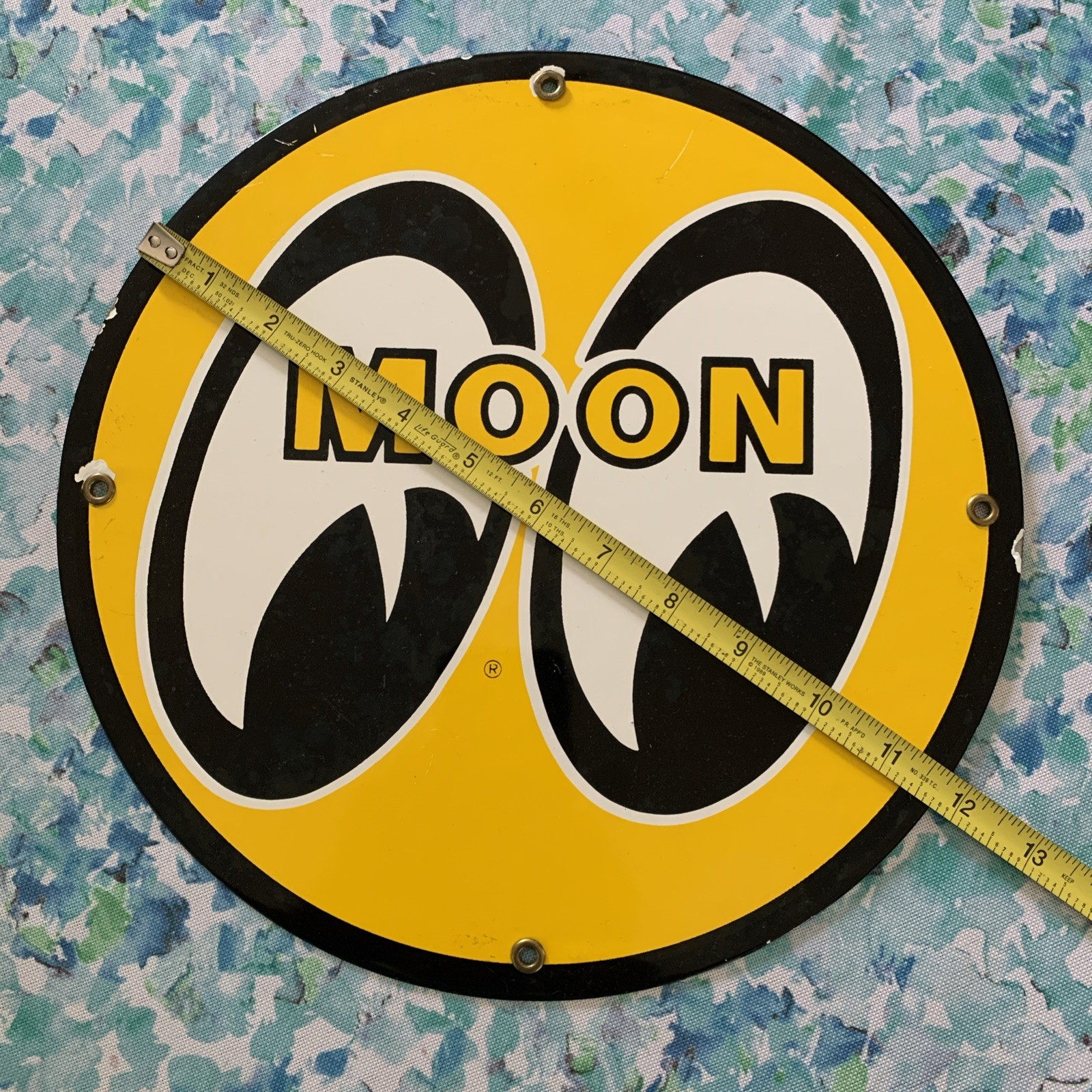 VINTAGE “MOON EYES SPEED EQUIPMENT” 11 3/4″ PORCELAIN METAL GASOLINE & OIL SIGN!
