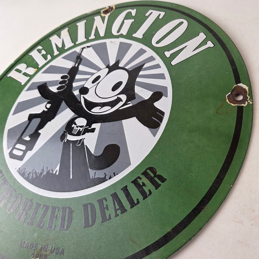Vintage Remington Firearms Sign – Felix the Cat Dealer Gas Pump Porcelain Sign
