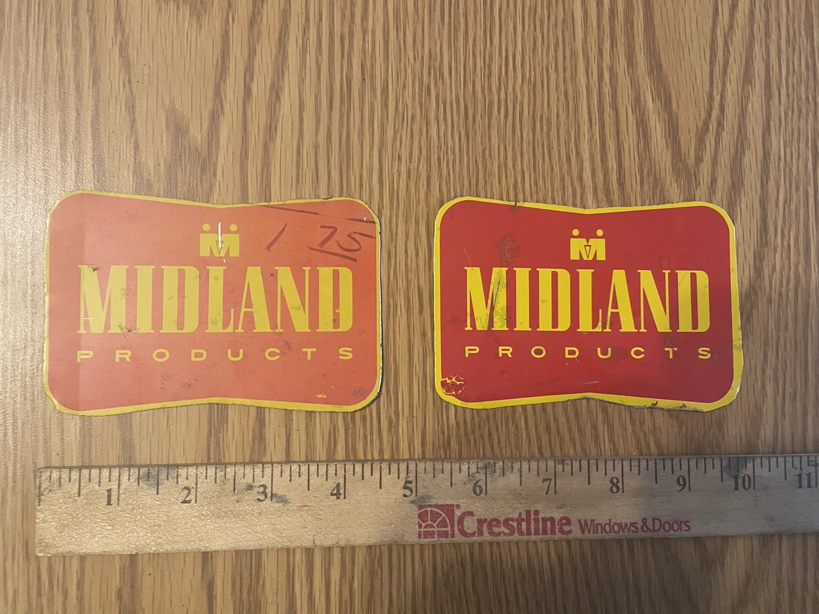 2 Vintage MIDLAND Motor Oil Metal Tin Advertising Sign Emblem Tag Badge