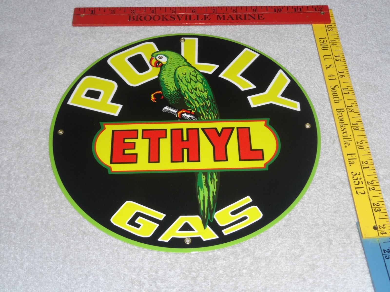 VINTAGE POLLY ETHYL GAS 🦜 PARROT BIRD OIL 11 3/4″ PORCELAIN METAL GASOLINE SIGN
