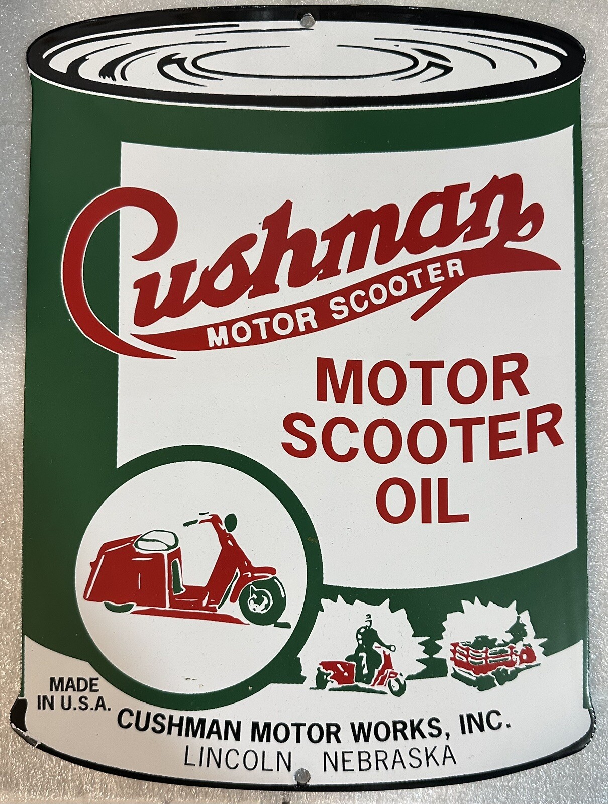 8 x 11 CUSHMAN Motor Scooter Oil Can PORCELAIN Steel Sign Gas Garage Petroliana