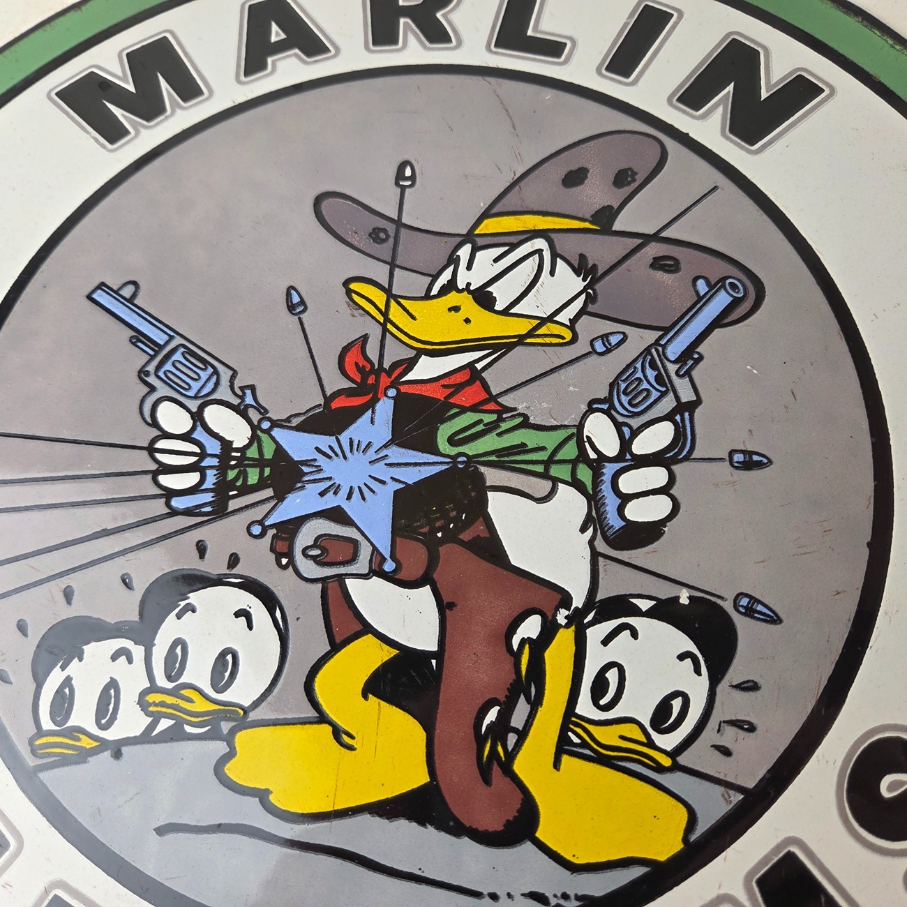 Vintage Marlin Firearms Sign – Donald Duck Comics Gas Pump Porcelain Sign
