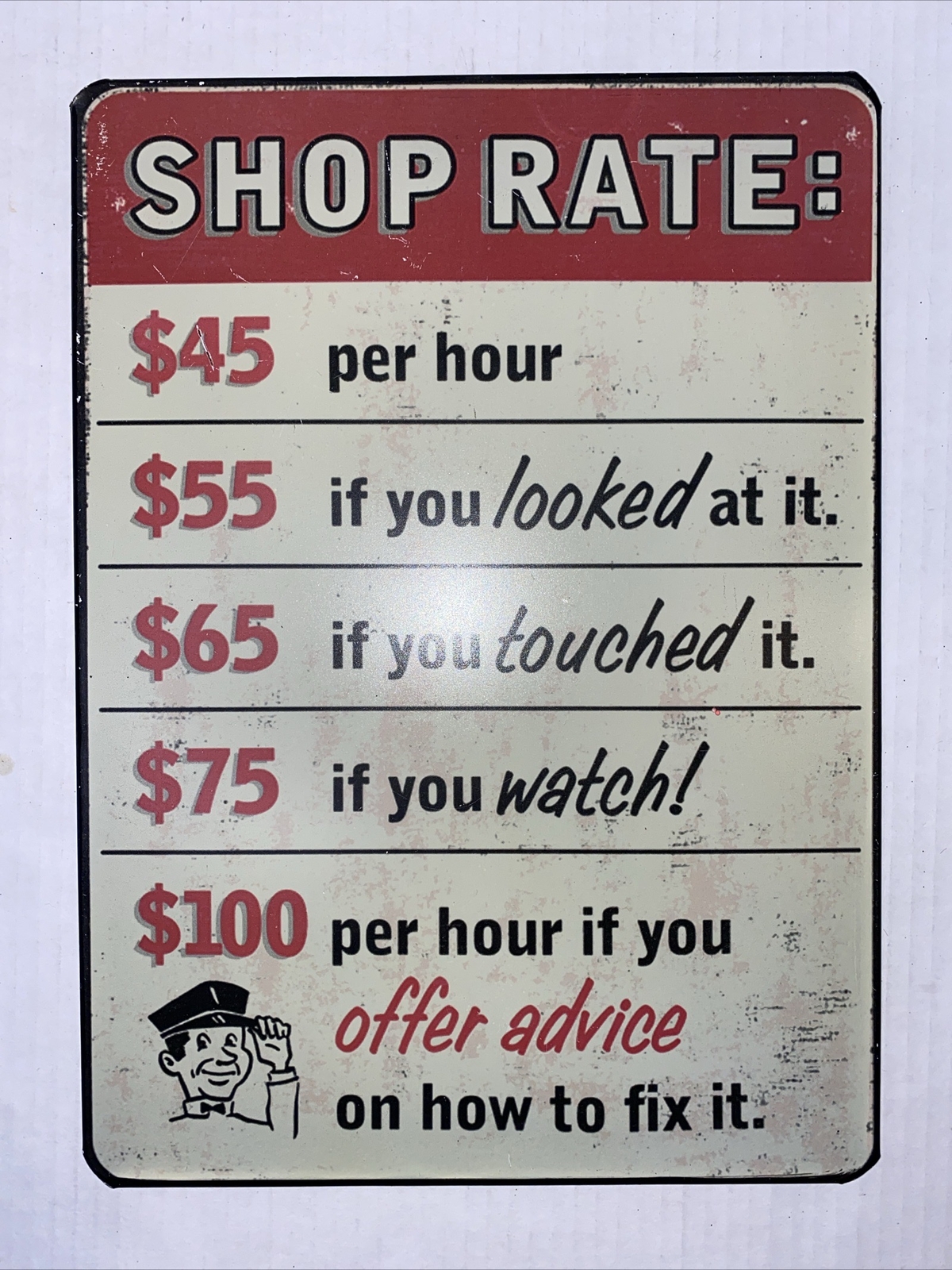 Shop Rates Metal Sign Garage Repair Vintage Style Wall Decor Parts 13”x9 3/8”