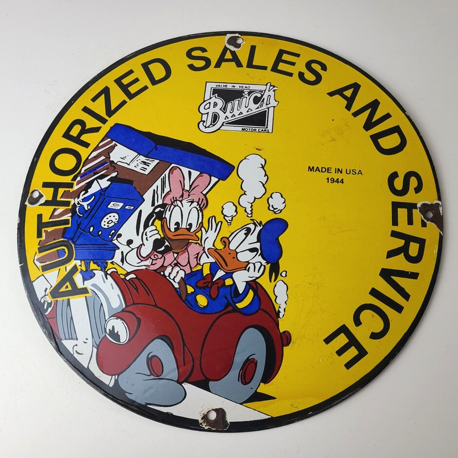 Vintage Buick Automobiles Sign – Donald Duck Porcelain Auto Gas Pump Sign