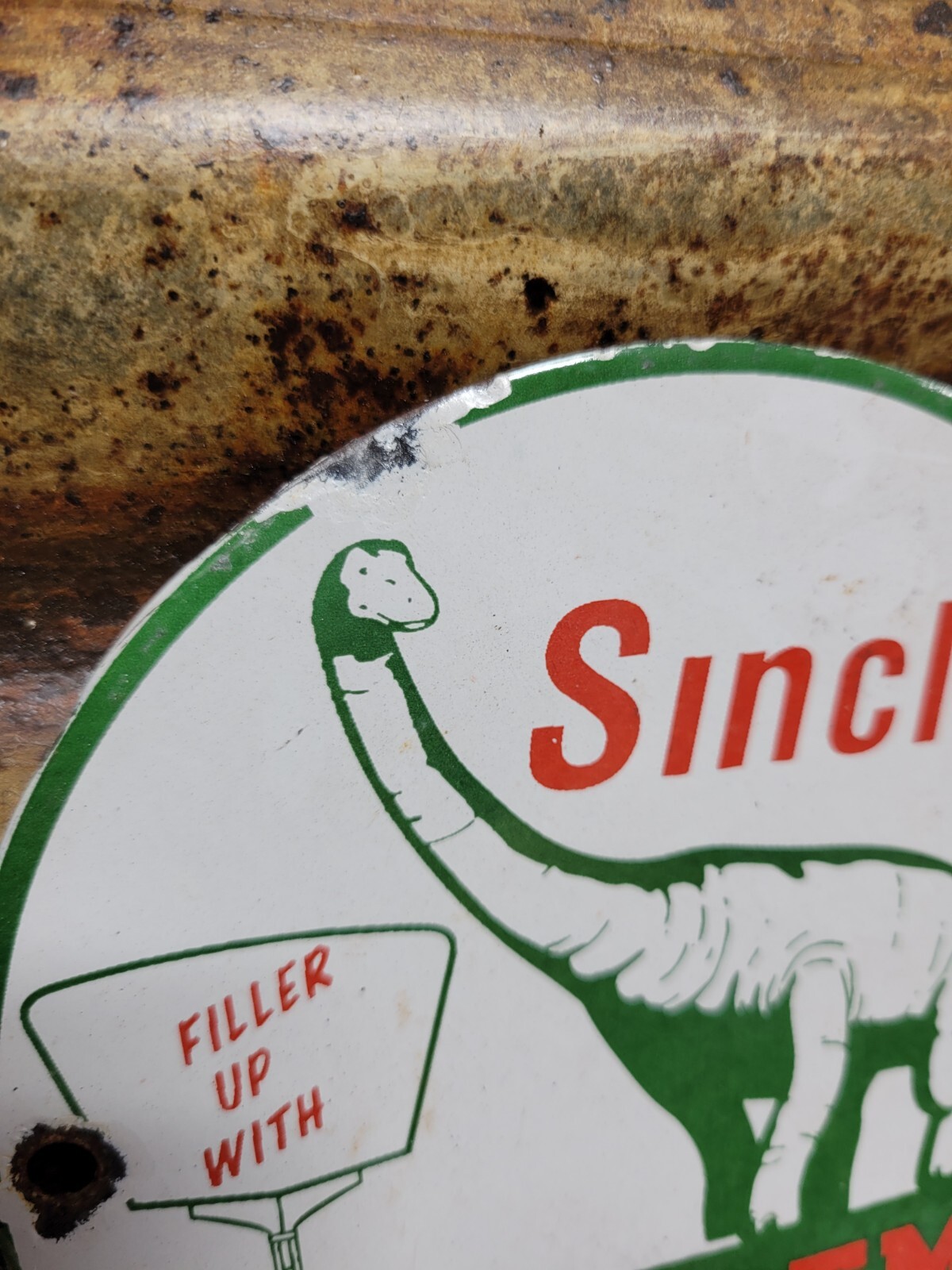 VINTAGE SINCLAIR PORCELAIN SIGN DINO SUPREME GASOLINE MOTOR OIL SALES SERVICE 6″
