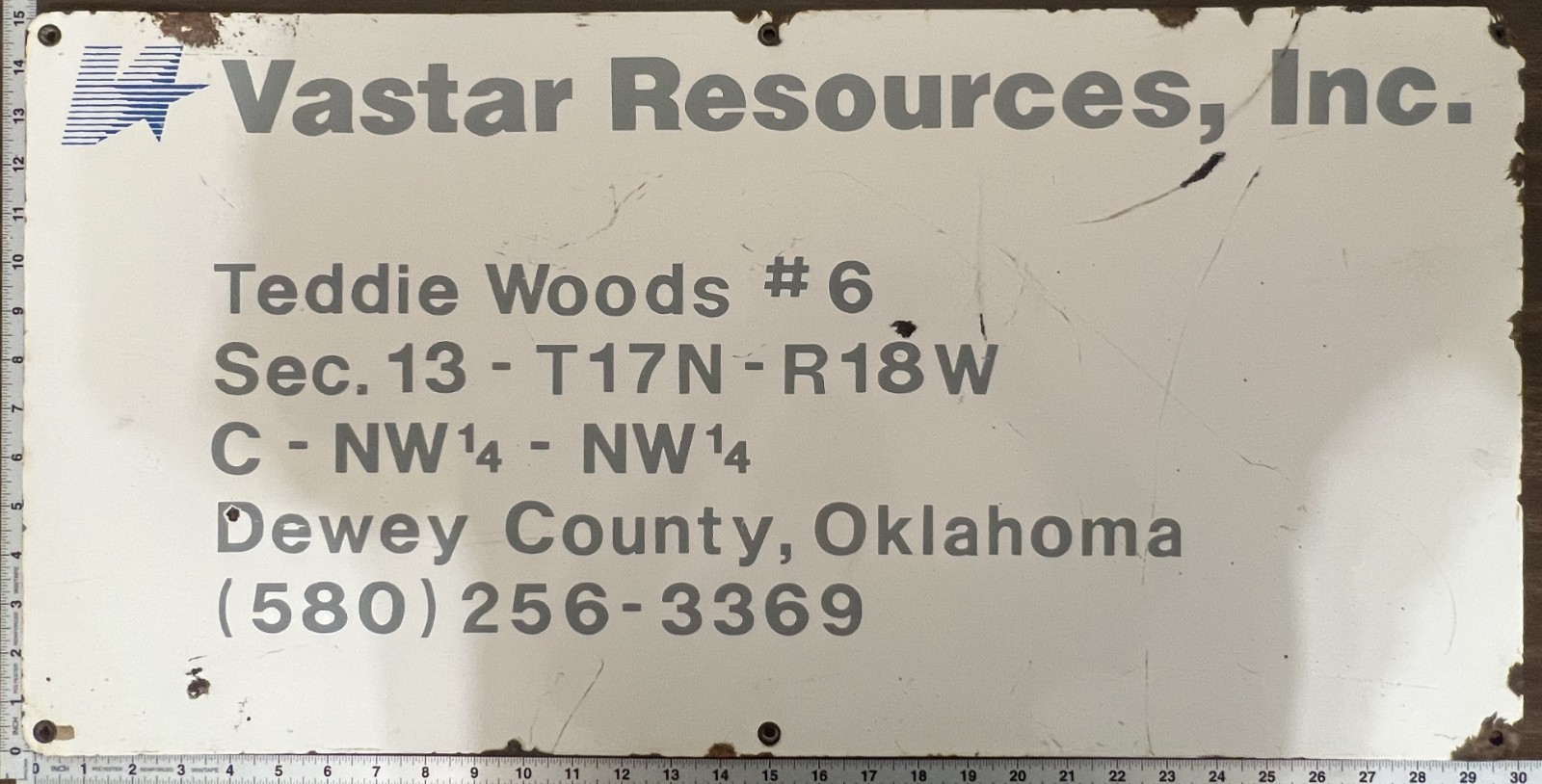 Vintage Porcelain Oil Field Sign – Vastar Resources Inc. Dewey County, Oklahoma