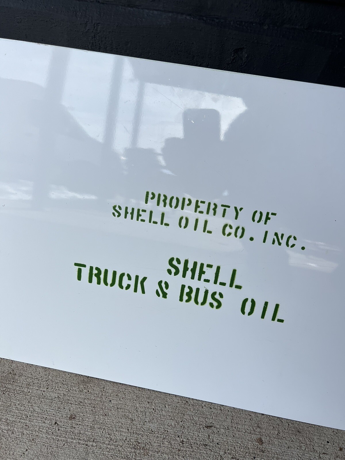 Vintage Property of Shell Oil Co. Inc. Shell Truck & Bus Oil Tin Sign Stenciled